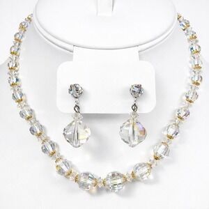 Vintage Laguna AB Crystal Bead Necklace & Dangle Earrings Set Signed Mid Century